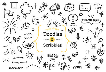 Line doodle decoration design elements. Arrow, bubble, star, hand decoration. Abstract art background vector.