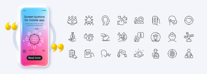 Obraz premium Breathing exercise, Recovered person and Voting ballot line icons for web app. Phone mockup gradient screen. Pack of Fingerprint, Income money, Heart target pictogram icons. Vector