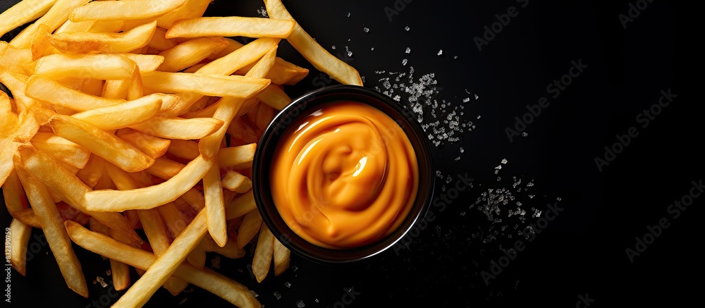 Aufkleber French fries with sauce on a black surface overhead view Copy space Top view from above flat lay