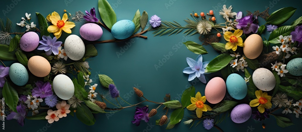Poster creative easter egg composition with spring flowers eggs and green leaves contenmporary style flat l