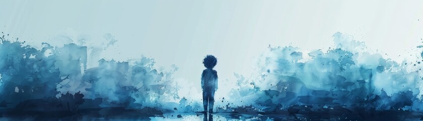 Watercolour artwork featuring a solitary tot strolling away, created using AI technology.
