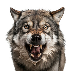Fototapeta premium Close up face of angry gray wolf, transparent background