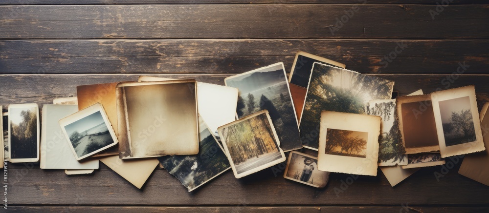 Aufkleber stack of old retro photos on a wooden table with copy space flat lay