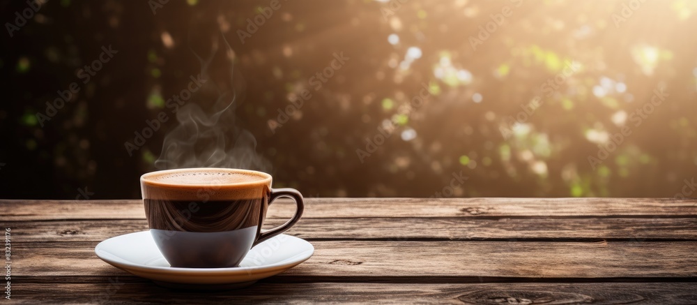 Poster a copy space image of a cup of coffee placed on a rustic wooden background
