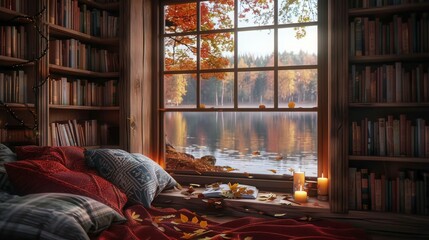 A cozy room with a window overlooking the lake, books and candle - Powered by Adobe