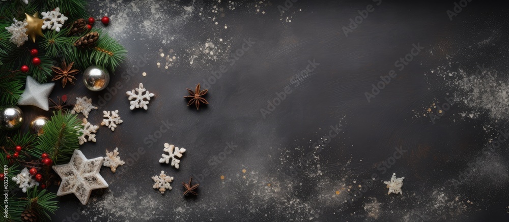 Poster Christmas composition on dark abstract background Flat lay top view with copy space