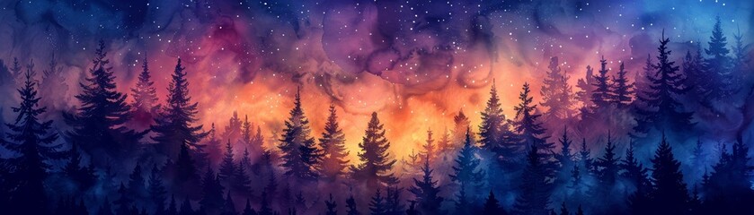 A whimsical watercolour painting depicting a magical starlit night sky above a dense wooded area.
