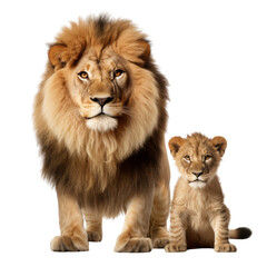 Big lion and little cute lion cub isolated on transparent or white background