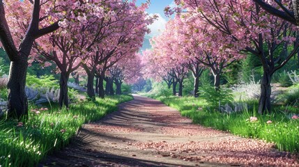 Naklejka premium Cherry blossom tree flowers along the path in the park