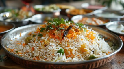Biryani made with Basmati rice served with chutney and salad