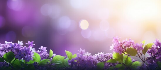 purple flowers and green leaves with bokeh background nature background copy space - Powered by Adobe