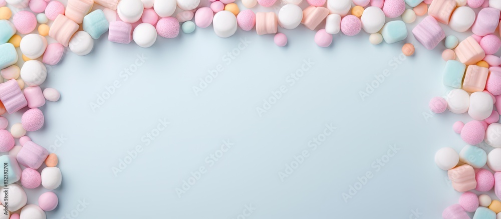 Poster candy marshmallow frame with empty center sweet backdrop for holiday events pastel colors. copy spac