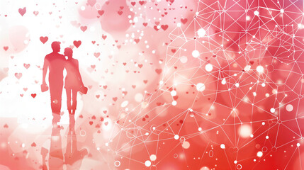 Pink background with silhouette of a couple in love and abstract representation of connectivity