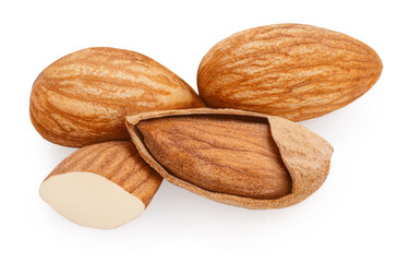Almond isolated. Pile of delicious almonds on white background..Almond nuts side view..