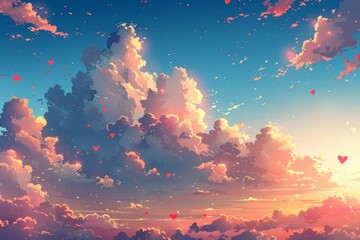 A cartoon drawing featuring fluffy clouds and pink heart symbols scattered across the clear blue sky.