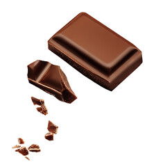 Chocolate explosion isolated on white.  Flying milk Chocolate pieces  Top view.  Flat lay.