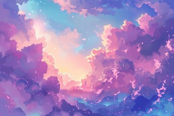 A stunning fantasy landscape with anime-inspired sky and majestic clouds.