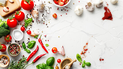 A Colorful Display of Cooking Essentials, Perfect for a Recipe Video or a Gourmet Magazine Cover.