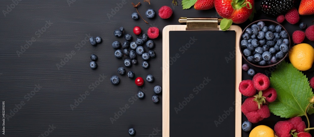 Poster Flat lay of hand writing on clipboard notepad paper mock up copy space viewed from above over dark background decorated with wild berry fruit arrangement