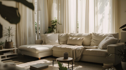 A living room with a white couch, a coffee table, and a vase with flowers on it