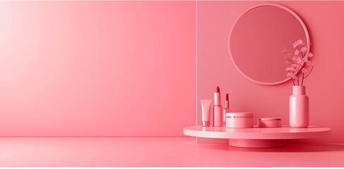 Beauty products makeup cosmetics. Place for text. Pink background, copy space. Top view. Creative design template banner Background wallpaper poster  header social media post. Generative Ai content