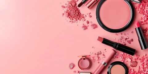 Beauty products makeup cosmetics. Place for text. Pink background, copy space. Top view. Creative design template banner Background wallpaper poster  header social media post. Generative Ai content