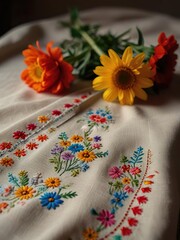 A bouquet of summer bright wildflowers lies on a Ukrainian embroidered tablecloth. Traditional slavic ethnic artwork. Hobby and leisuretime. Calm peaceful area.