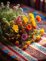 A bouquet of summer bright wildflowers lies on a Ukrainian embroidered tablecloth. Traditional slavic ethnic artwork. Hobby and leisuretime. Calm peaceful area.