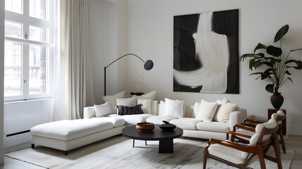 A living room with a black and white abstract painting on the wall