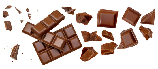 Chocolate explosion isolated on white.  Flying milk Chocolate pieces  Top view.  Flat lay.