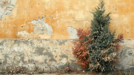 A wall next to a withered cypress shrub