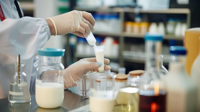 Science banner or background of nutritionist test milk delves quality analysis in laboratory of nutrition, lactose, protein fat percentage, test dairy product for allergic, microbiology and bacterial
