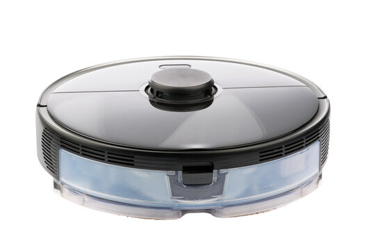 Robot Vacuum Isolated on White. Modern Autonomous Smart Robotic Vacuum Cleaner or Roomba. Self-Drive Cleaning Robot. Floor Cleaning System. Small Household & Domestic Appliances