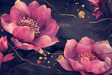 Vivid pink and golden blooms on rich indigo: a charming artwork in a scenic design