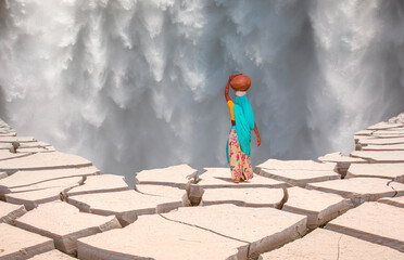 Global warming concept - A woman in traditional dress carrying water - close-up of famous Skogafoss...