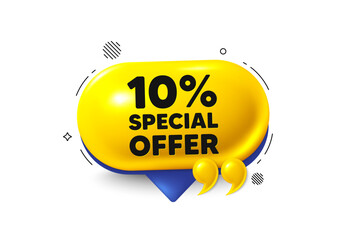 Obraz premium Offer speech bubble 3d icon. 10 percent discount offer tag. Sale price promo sign. Special offer symbol. Discount chat offer. Speech bubble quotation banner. Text box balloon. Vector