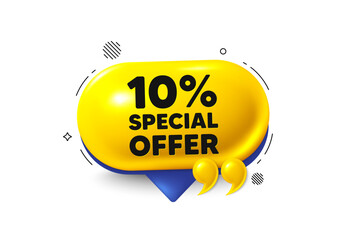 Offer speech bubble 3d icon. 10 percent discount offer tag. Sale price promo sign. Special offer symbol. Discount chat offer. Speech bubble quotation banner. Text box balloon. Vector