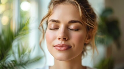 Fototapeta premium a young woman with long, wavy hair. She has her eyes closed and her hands are gently touching her face. she has a peaceful expression on her face.