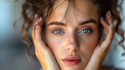 Fototapeta premium A young woman with light brown hair and blue eyes is looking at the camera. She is touching her head with both hands.