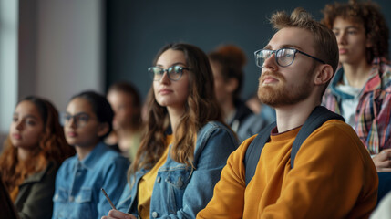 Obraz premium Young adult students listening intently to a lecture in a modern university classroom environment