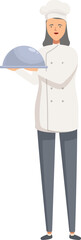 Fototapeta premium Vector illustration of a confident female chef in uniform holding a covered serving platter