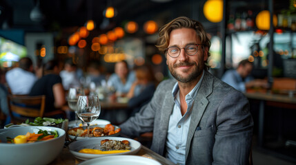 30s modern businessman having lunch in a restaurant, he is wearing a suit and glasses, there is food and wine on the table. 