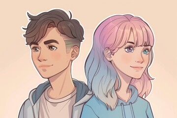 Two stylized characters with pastel background. Digital art portrait. Design for poster, print, greeting card, invitation. Generative AI