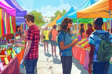 Outdoor pride festival with colorful tents and diverse crowd. People browsing rainbow-themed merchandise and enjoying vibrant market. Sunny day, joyful interactions, and celebration of LGBTQ+