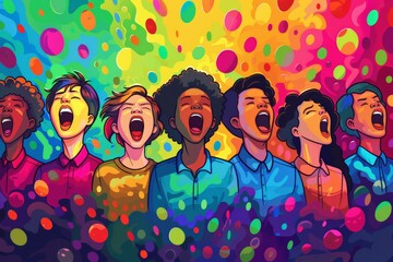 Colorful illustration of a diverse group of children and young adults singing together, The image conveys joy, unity, and the spirit of celebration, representing LGBTQ+ pride and inclusivity.