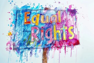 Watercolor "Equal Rights" sign with colorful splashes. Text in rainbow hues and vibrant design promoting equality. Artistic representation supporting LGBTQ+ rights and justice. Celebrating diversity.