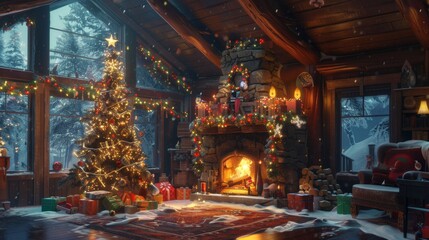 Cozy christmas cabin interior with a decorated tree, fireplace and snow falling outside