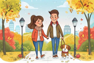 Cheerful couple walking dog in autumn park. Colorful leaves, joyful expressions, and peaceful. Celebrating love, inclusivity, and diversity in a beautiful urban setting, representing LGBTQ+ happiness.