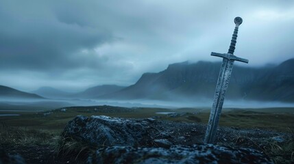 viking sword stuck in the ground in a viking settlement cloudy day