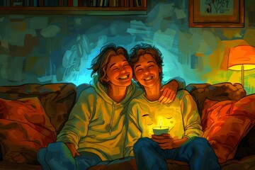 Happy couple sitting on a couch, holding a candle. Warm lighting, relaxed atmosphere, and joyful expressions. Celebrating love, inclusivity, and togetherness in a peaceful setting. LGBTQ+ happiness.